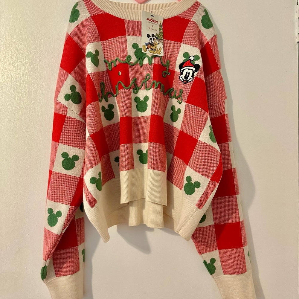 Disney Red Cream Plaid Mickey Holiday Sweater with Green Accents